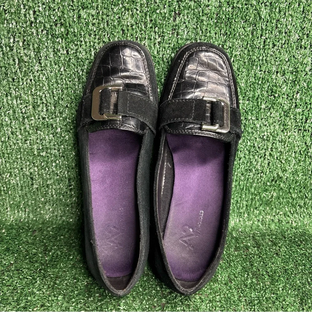 A2 by Aerosoles Womens 6.5 M Black Leather Wedge Loafers‎